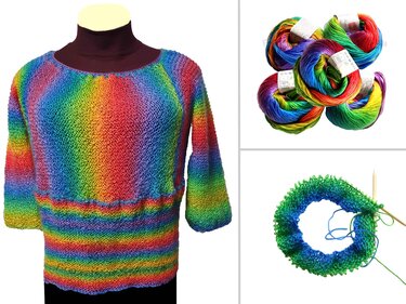 Gestrickter Regenbogenpullover auf einer Schaufensterpuppe, daneben mehrfarbige Wollknäuel und ein begonnenes Strickstück auf Nadeln.