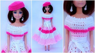 Doll wearing a crocheted pink and white off-the-shoulder dress and a pink beret.