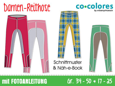 Vier Illustrationen von Damen-Reithosen in Rot, Rosa, Blau-Karo und Grün mit markierten Sitzbesätzen und Nahtdetails