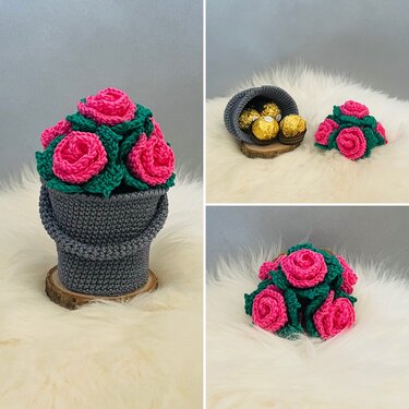 Gehäkelter Korb mit Henkel, pinken Häkelrosen und goldenen Pralinen