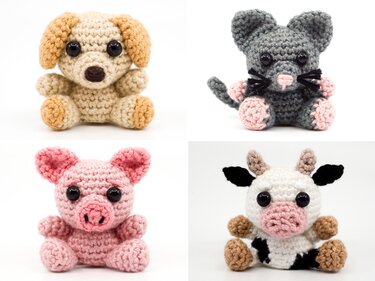 Four small crocheted amigurumi animals in a 2x2 grid: beige dog, gray mouse with pink paws, pink pig, and black-and-white cow