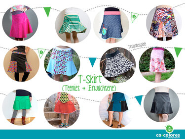 Collage mit verschiedenen T-Röcken in unterschiedlichen Mustern, Farben und Schnitten für Kinder und Damen.