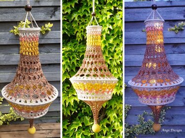 Boho-Hängelampe aus gehäkelten Spitzen in warmen Naturtönen, hängend an Kordel