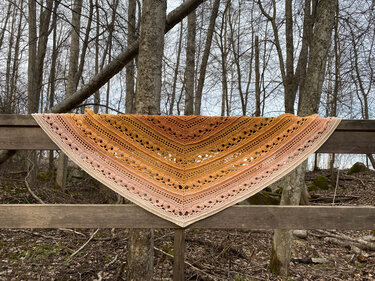 Crochet triangle shawl in golden-to-peach gradient with lace eyelets draped over a wooden fence in a leafless forest