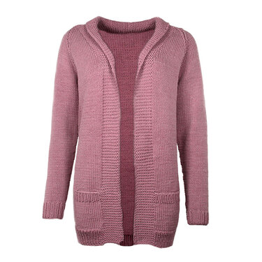 Lange rosa Strickjacke mit Kapuze, aufgesetzten Taschen und gerippten Bündchen