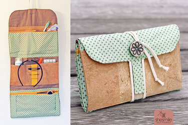 Organizer-Tasche aus Korkstoff und mintgrünem Sternenstoff, offen aufgehängt und zusammengefaltet geschlossen.