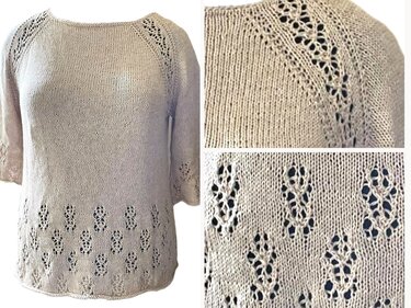 Beiges Strickshirt mit Raglanärmeln und Ajour-Lochmuster an Saum und Ärmeln