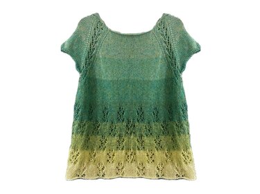 Kurzärmeliges gestricktes Shirt in Grün‑Gelb mit Ajourmuster am Saum und an den Schultern