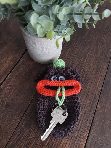 Gehäkelter Affen-Schlüsselanhänger (braun, orange, grün) mit Schlüssel auf Holztisch neben Pflanze
