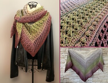 Triangle crochet shawl with cream, green and rose gradient draped on a dress form; close-up shows lace openwork and cluster stitch texture.