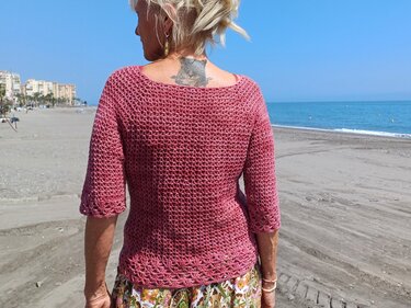 Raglan von oben mit V-Ausschnitt + Muster "Calima", alle Größen - Häkeln