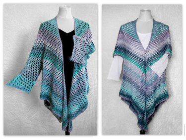 Open-front crochet cardigan in teal, blue, green and purple ombre yarn displayed on a mannequin.