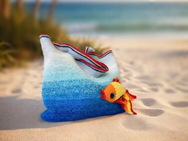 Crocheted shopper bag in a blue ombre gradient with a striped top edge and a small crocheted fish detail, resting on a sandy beach