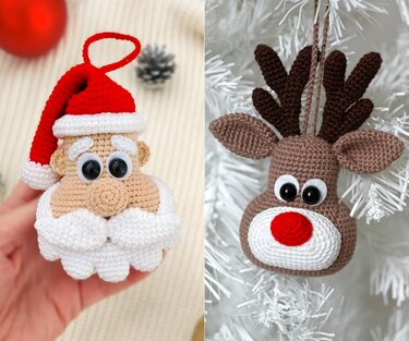 Crocheted Santa head ornament with red hat and white beard beside a crocheted reindeer head ornament with antlers and red nose, both with large safety eyes.