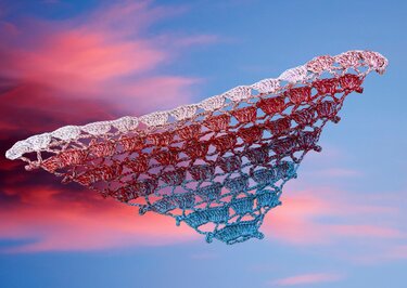 Gehäkeltes Dreieckstuch mit Muschel-Lochmuster in Weiß, Rot und Blau vor farbigem Abendhimmel