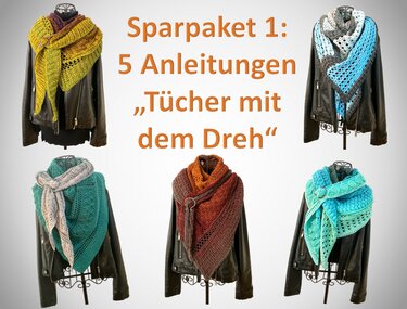 Five crocheted triangle shawls in gradient colors draped on black leather jackets.
