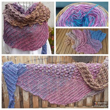 Multicolored crocheted triangular shawl in pink, purple, blue and brown with diagonal stitches and lace openwork.