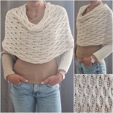 Person trägt cremeweißen gehäkelten Poncho-Schal über beigem Oberteil und Jeans; daneben Detailansichten des Musters.