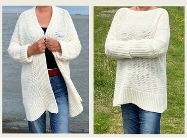 Zwei Fotos einer Person: links offene cremeweiße gehäkelte Jacke mit Rippbündchen, rechts lockerer cremeweißer gehäkelter Pullover