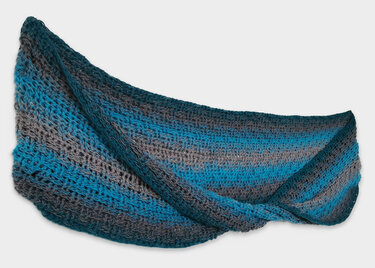 Blue and grey striped crochet cowl with open stitch texture and continuous loop drape