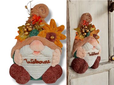 Crocheted autumn gnome door hanger with sunflower, leaves and 'Welcome' plaque