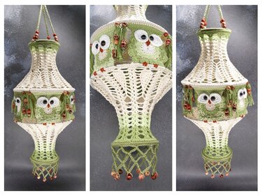H&auml;kelanleitung Lampion mit Eule & Bl&auml;tter Reliefmuster - Häkeln