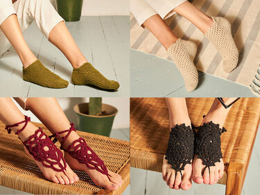 Vier gehäkelte Damensocken und Fußaccessoires: olivgrüne Kurzsocken, beige Ankle‑Socken, rote Barfuß‑Sandalen und schwarze Fußstulpen