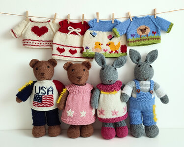 Toy Knitting Pattern Bundle: Teddy Bear, Bunny, Dresses, Sweaters and Pants