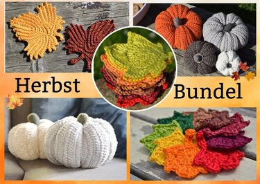 Mehrere gehäkelte Herbstblätter in Gelb, Orange, Rot und Grün sowie kleine gehäkelte Kürbisse in verschiedenen Farben