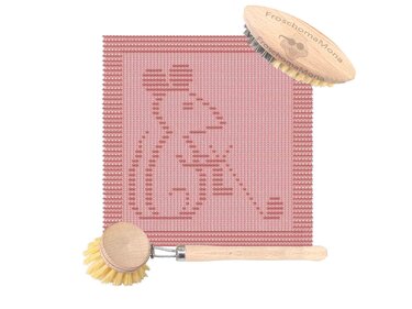 Rosafarbenes quadratisches Stricktuch mit eingestricktem Mäusemotiv und zwei Holzbürsten