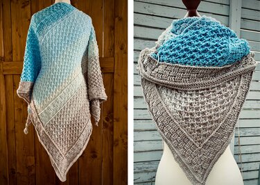 Blue-to-beige gradient triangle crochet shawl draped on a mannequin, showing lacy texture and border