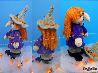 Dreiteilige Ansicht einer gehäkelten Hexe mit orangefarbenem Haar, lila Kleid und beigem Spitzhut, dekoriert mit kleinen Spinnen und Kürbislichtern.
