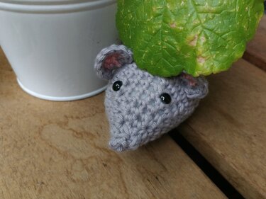 Nahaufnahme Amigurumi Mäusekopf grau mit sichtbaren Maschen und Augen