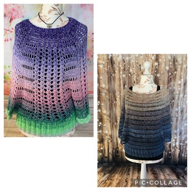 Zwei gehäkelte Damenpullover auf Schneiderpuppen: links mehrfarbiges Ombre mit Ajourmuster, rechts graues Ombre mit Ajourstreifen