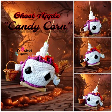 Gehäkelter weißer Geister-Apfel Amigurumi mit buntem Rand, Besen und Korb vor gruseliger Halloween-Kulisse
