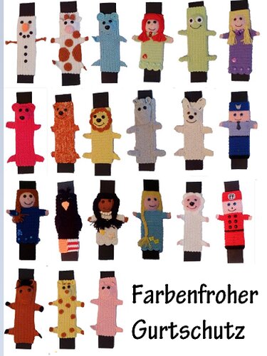 Handgehäkelte Gurtschoner in bunten Tier- und Figurenmotiven auf weißem Hintergrund