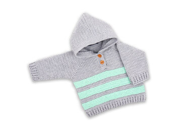Light gray crocheted baby hoodie with mint stripes and two wooden buttons