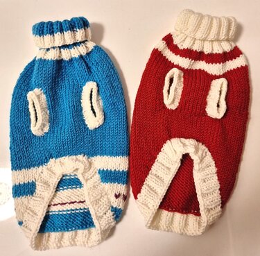 Zwei gestrickte Hundepullover, blau-weiß gestreift und rot-weiß gestreift, mit Beinausschnitten und Rippenbündchen.