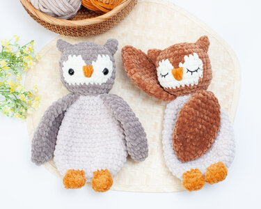 Two crocheted owl loveys, one grey with open eyes and one brown with closed eyes, made from plush chenille-style yarn.