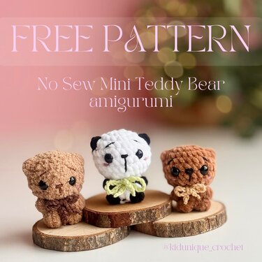 Three mini no-sew amigurumi: two brown teddy bears and a black-and-white panda on wooden slices