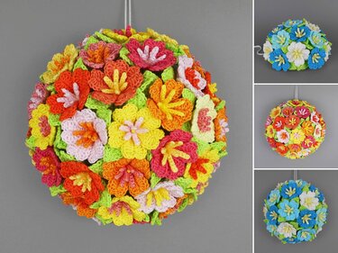 Round hanging crochet wreath of small multicolored flowers on a gray background, with smaller views showing blue-and-white and alternate color versions