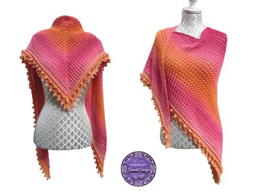 Gehäkeltes Dreieckstuch mit orange-rosa Farbverlauf und gezackter Bordüre auf einer Schneiderpuppe