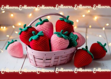 Rote und rosa gehäkelte Erdbeeren mit grünen Blättern in einem rosa Korb vor Lichterkette