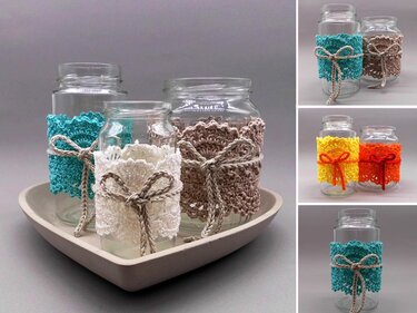 Crochet country style decoration from scraps of yarn for used  glasses