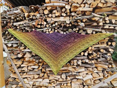 Triangle crochet shawl showing lace panels, central spine and textured borders, blocked flat on stacked wood