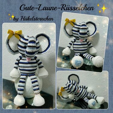 Gestreifter gehäkelter Amigurumi-Elefant mit gelber Schleife und Herz-Applikation, sitzend