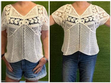 Weißes gehäkeltes Top mit V-Ausschnitt und kurzen Ärmeln über dunklem Untertop, kombiniert mit Jeans/Shorts.