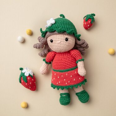 Gehäkelte Amigurumi-Puppe im Erdbeerkostüm mit zwei kleinen gehäkelten Erdbeeren auf hellem Hintergrund