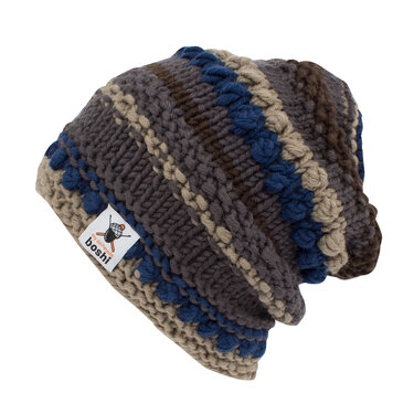Gestrickte Mütze in Grau, Blau und Braun mit Noppen- und Streifenmuster