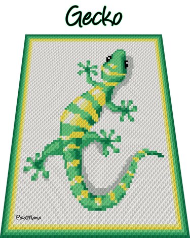 Pixelmuster eines grünen Geckos auf rechteckiger Häkeldecke mit gelb-grüner Bordüre